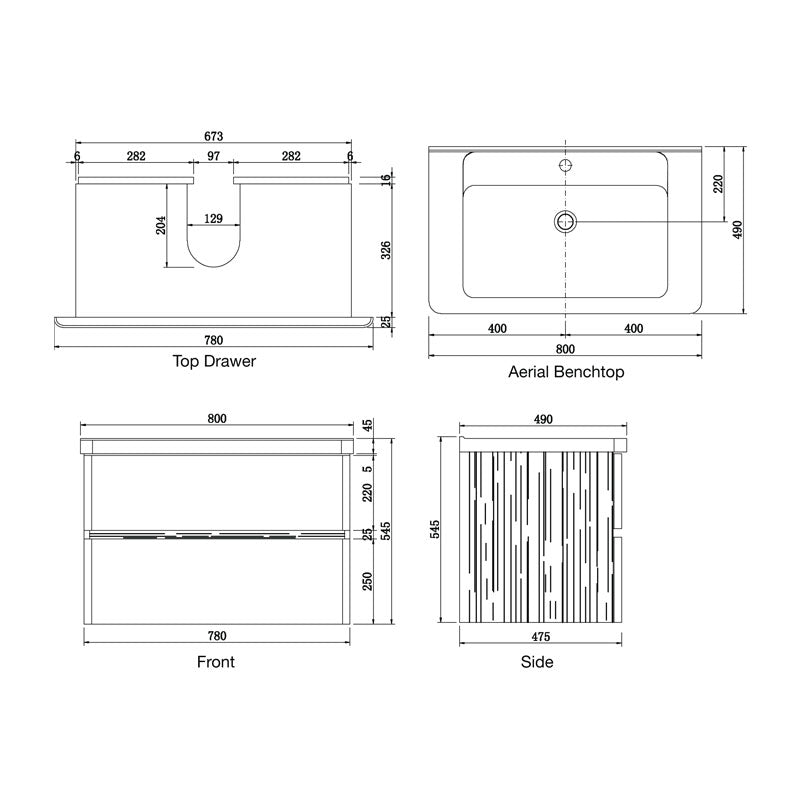 Parisi Lotus Ash Wall Hung Vanity-LA 800 (H490 x D540 x W800mm) Spec