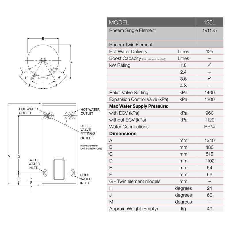 Rheem 125L Electric Storage Water Heater Spec