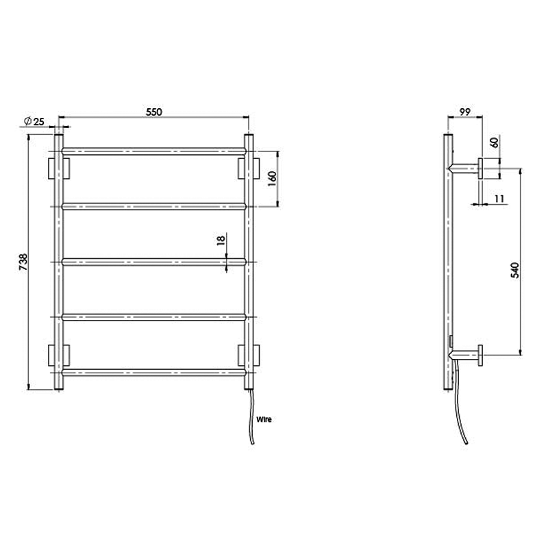 Phoenix Radii Heated Towel Ladder 550x740 with Square Plate