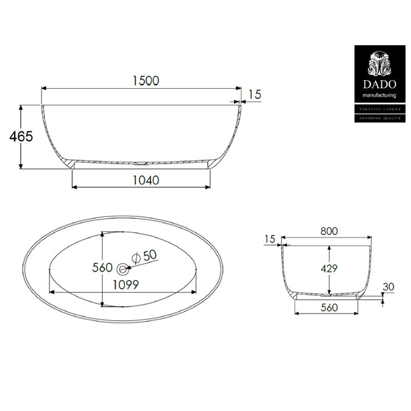 Dado Gabriella Freestanding Bath 1500mm Specification