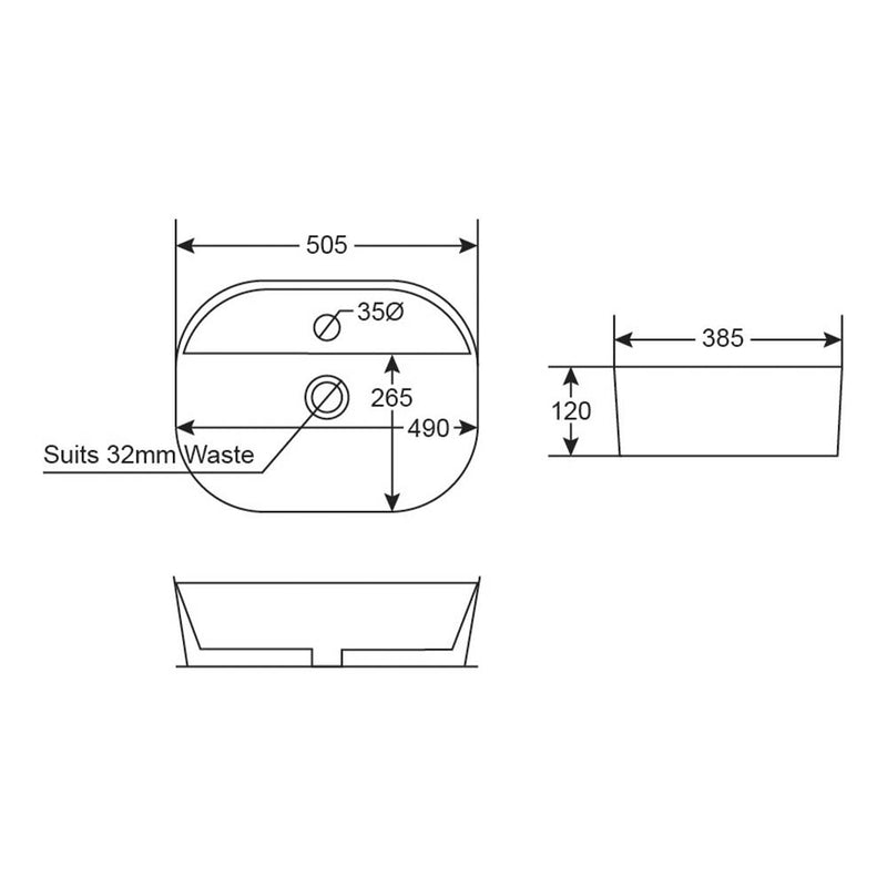 Argent Grace Neu 505 Oval Above Counter Basin - 1 Tap Hole Matte Black