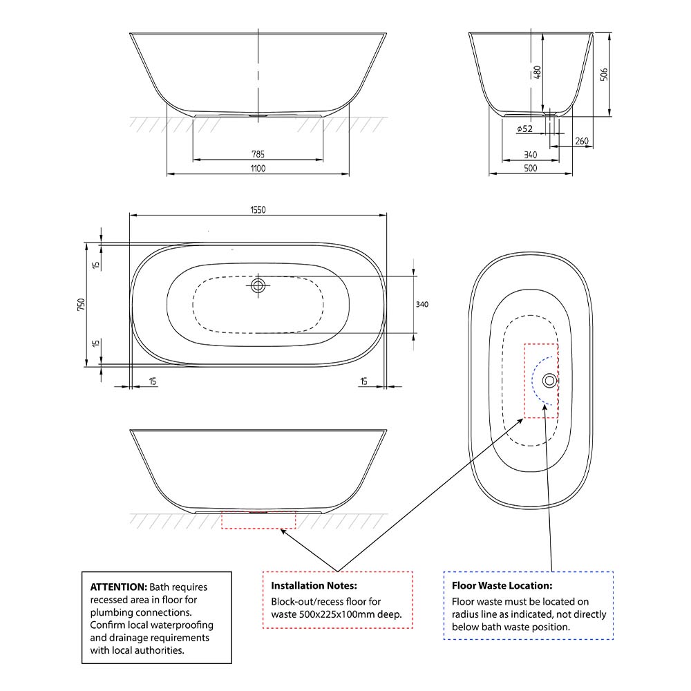 Villeroy & Boch Theano 1550 Curved Quaryl Freestanding Bath - Grey - UBQ155ANH7F200V-3S