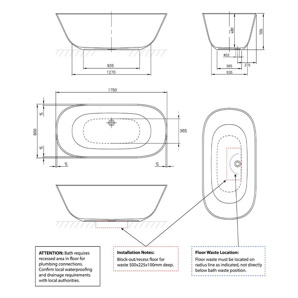 Villeroy & Boch Theano 1750 Quaryl Freestanding Bath - Grey - UBQ175ANH7F200V-3S