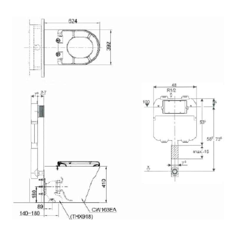 TOTO MH Wall Faced Toilet and D Shape Washlet w/ Side Control Specification