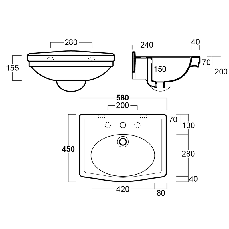 Turner Hastings Claremont 58 x 45 Wall Hung Basin - Gloss White - 1 Tap Hole - CL580BA-1TH