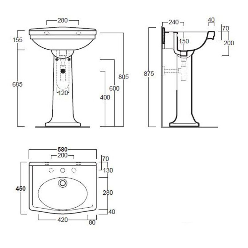 Turner Hastings Claremont 58 x 45 Pedestal Basin - Gloss White - 1 Tap Hole - CL582BP-1TH