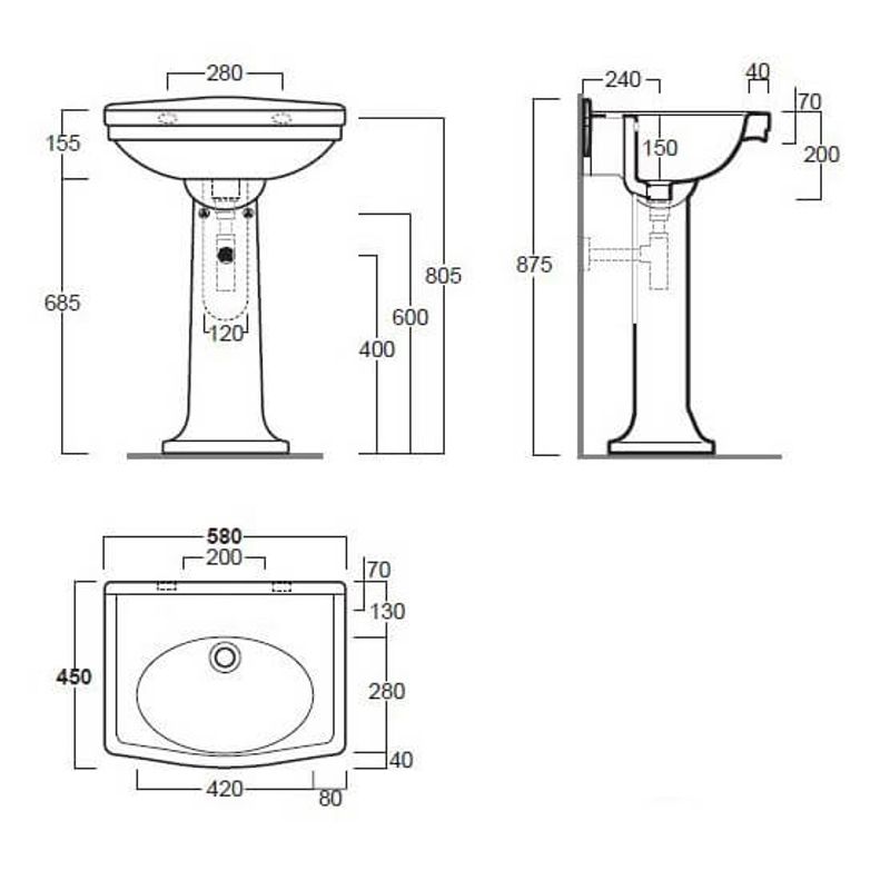 Turner Hastings Claremont 58 x 45 Pedestal Basin - Gloss White - No Tap Hole - CL582BP-NTH