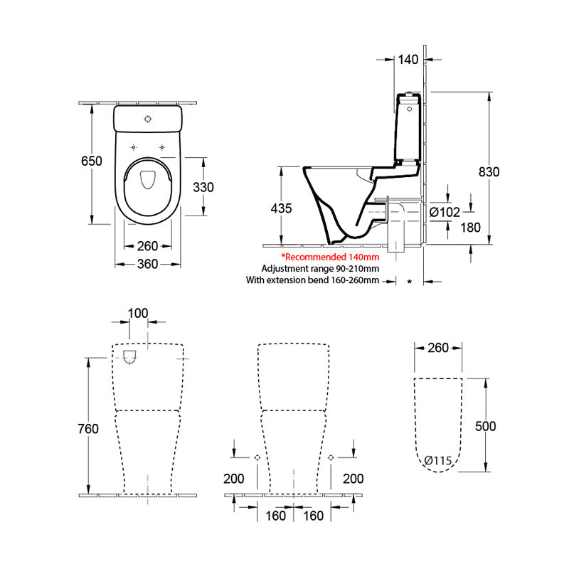 Villeroy & Boch O.novo 2.0 DirectFlush BTW Toilet Bottom Entry w/Slim Seat Specification