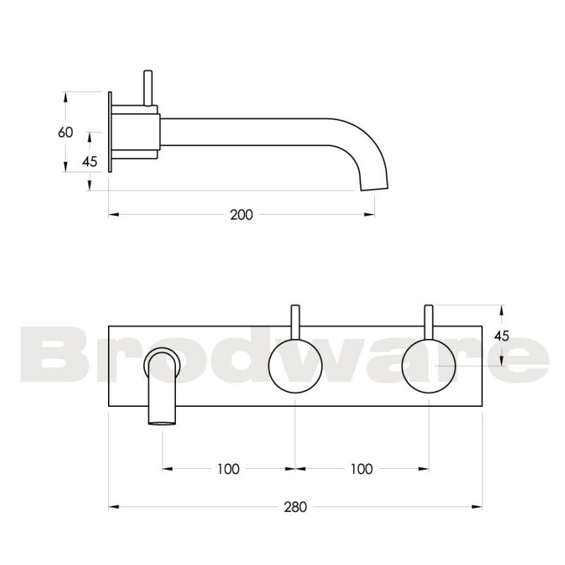 The Brodware Minim 3 Piece Wall Set - Left Sided 200mm Spout on Chrome Plate Spec