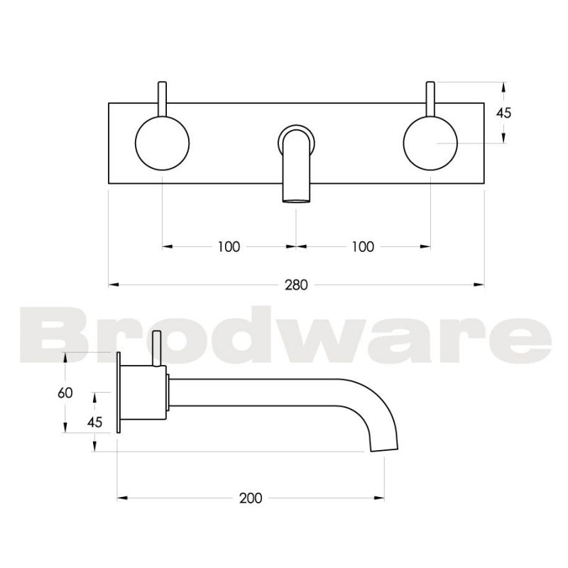The Brodware Minim 3 Piece Wall Set - 200mm Spout on Chrome Plate Spec
