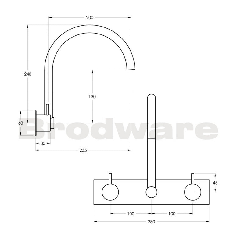 Brodware Minim 3 Piece Swivel Spout Wall Set on Chrome Backplate Spec