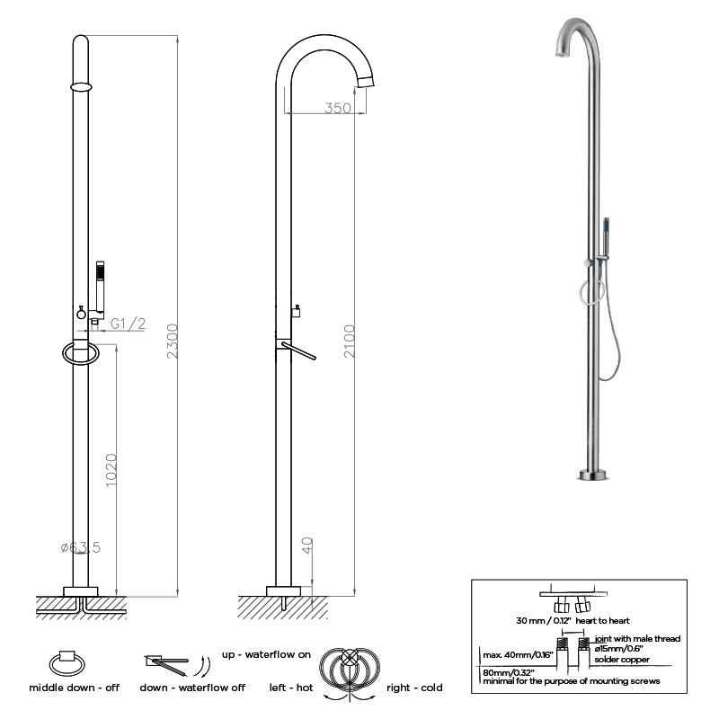 JEE-O Original Freestanding Shower with Handpiece - Brushed Stainless Steel