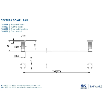 Greens Textura Single Towel Rail - Brushed Brass