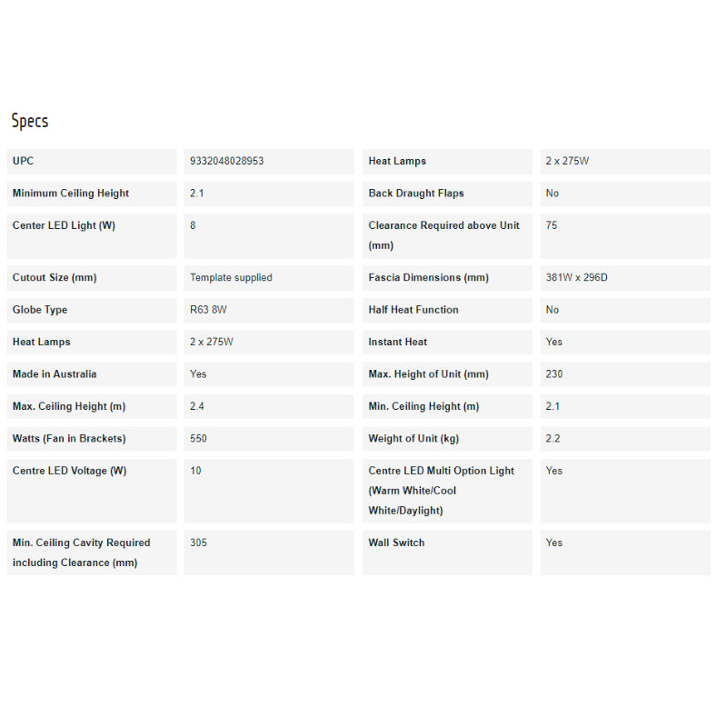 IXL Tastic Vivid 2 in 1 - Bathroom Heater & Light -  Specification