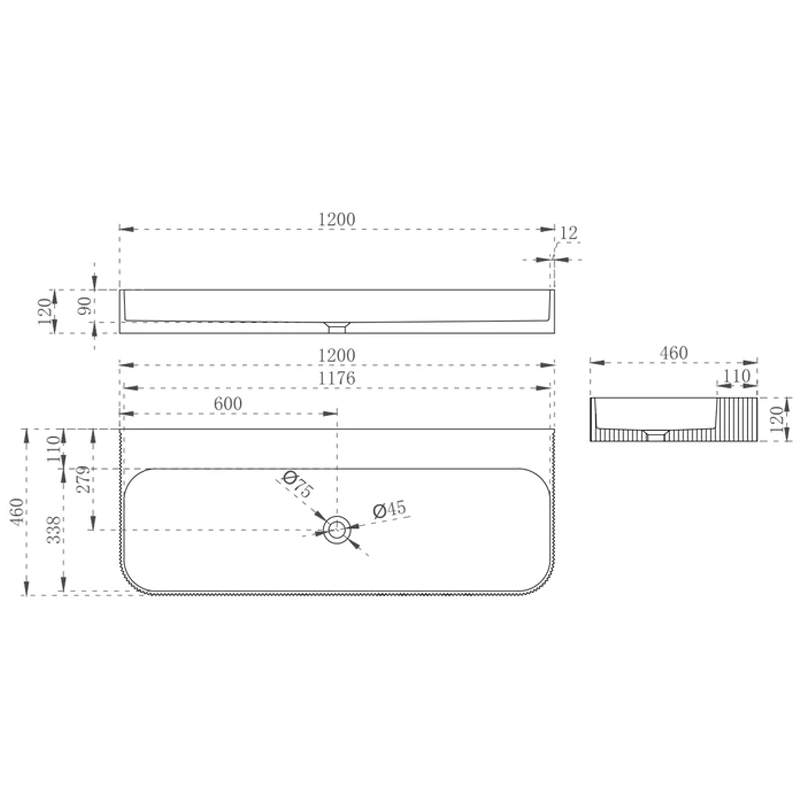 Cassa Design V-Groove 1200mm Wall Hung Basin - Gloss White - VG1246