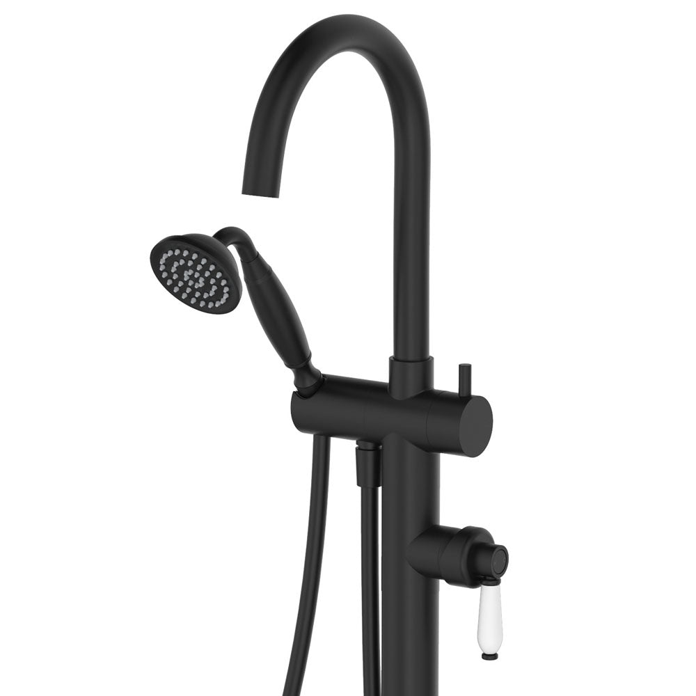 Fienza Eleanor Floor Mixer & Shower - Matte Black/Ceramic Handle - 202113BK