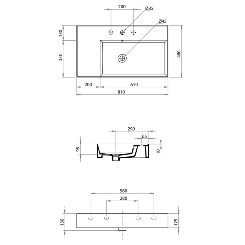 Parisi Twenty 80 Left Bowl Bench Basin specifications