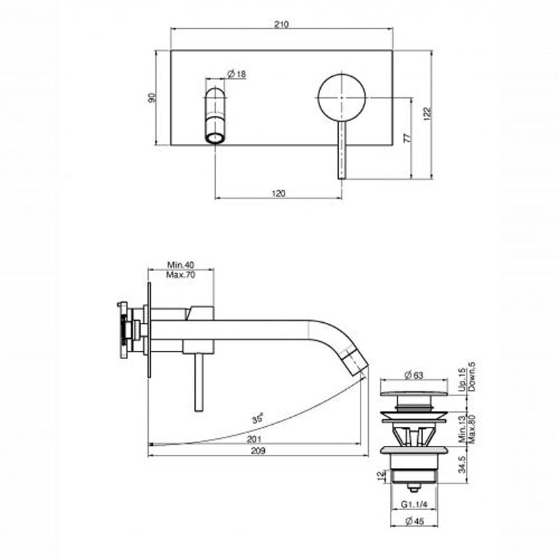 FIMA Spillo Up Wall Mounted Basin Mixer 209mm specifications