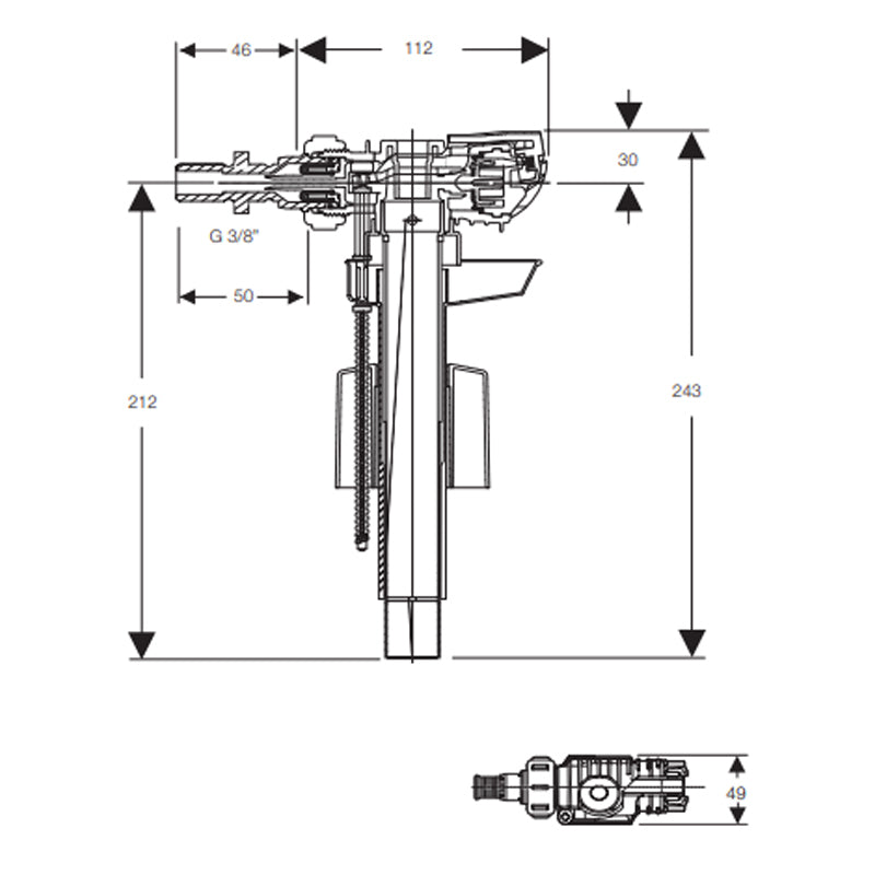 Back/Side inlet valve 3/8" short nipple Brass