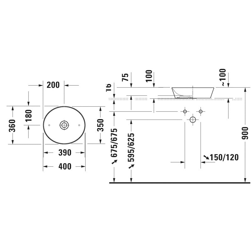 Duravit Cape Cod Washbowl 400mm No Tap Hole, No Overflow Alpine White Specifications