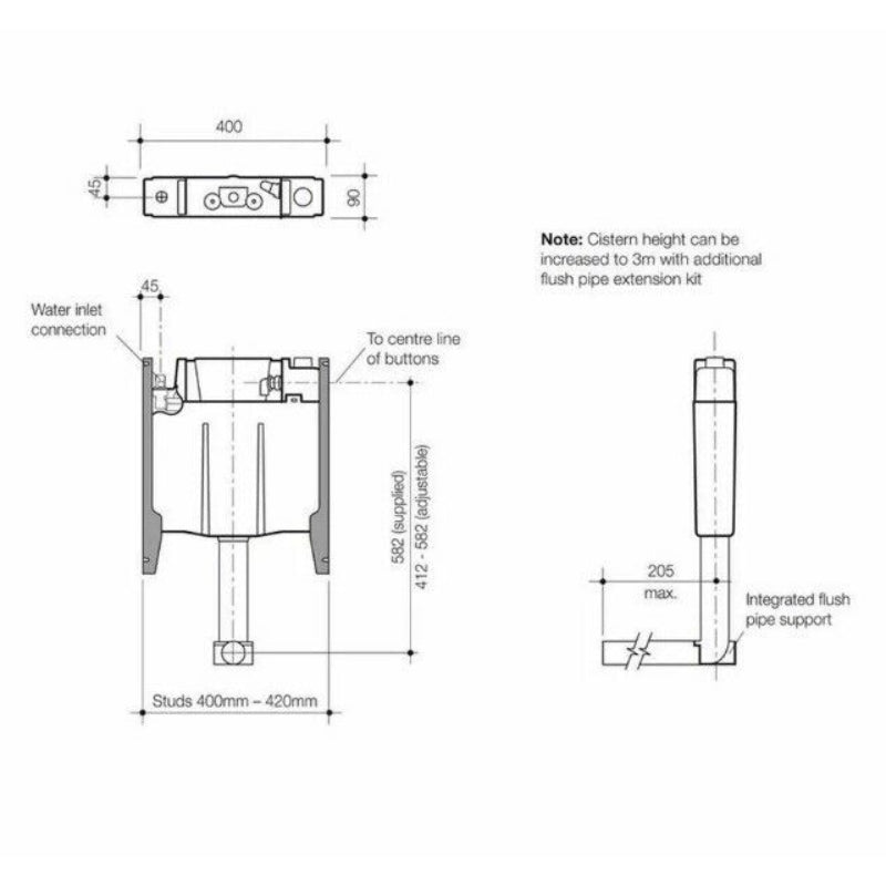 Caroma Invisi Series II® 4.5/3L Cistern with Adjustable Flush Pipe -  Specification