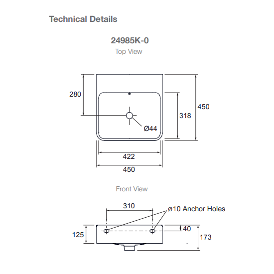 Kohler Forefront Wall Hung Basin 0 Tap hole - White Gloss 24985K-0