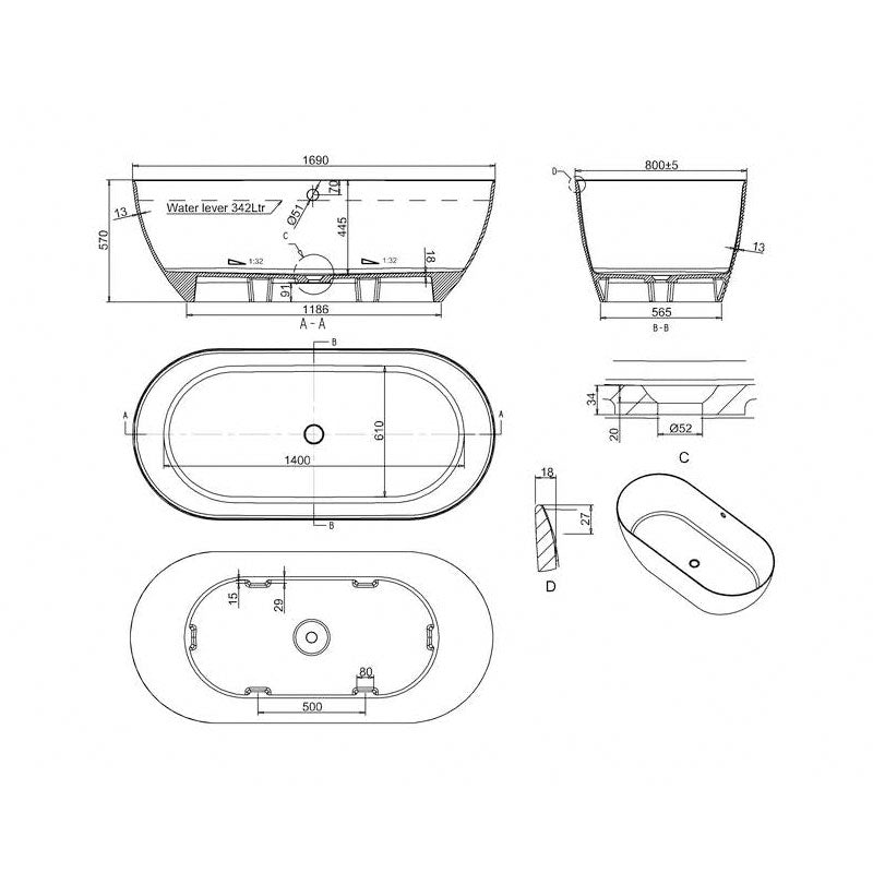 Gareth Ashton Byron Matte Stone Bath - 1690mm