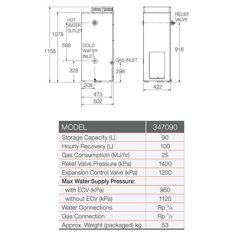 Rheem 90L Gas Storage Water Heater Specification