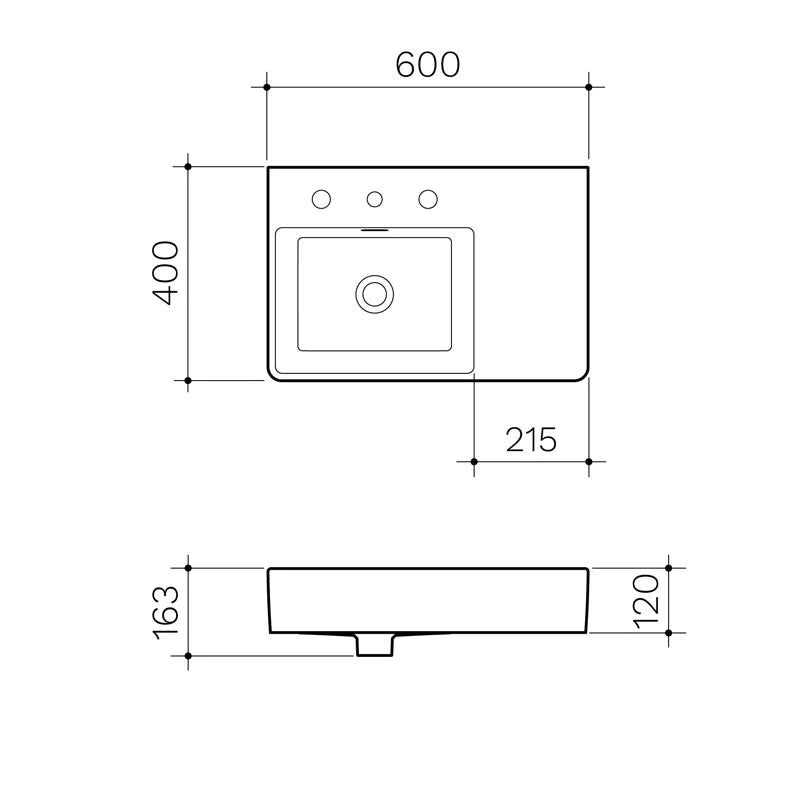 CLARK Square Wall Basin Right Hand Shelf 600mm Specification