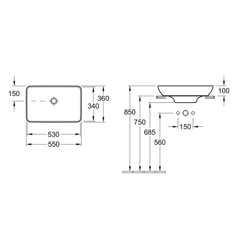 Villeroy & Boch Venticello 550 Rectangular Vessel Basin specifications