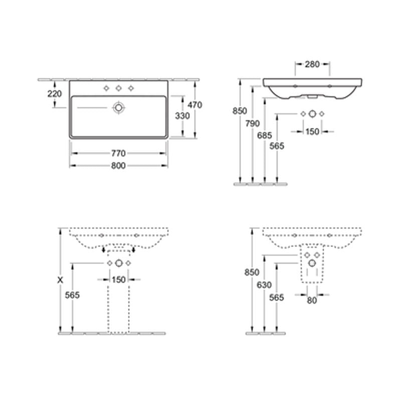 Villeroy & Boch Avento 800 Wall Basin 1 Tap Hole specifications