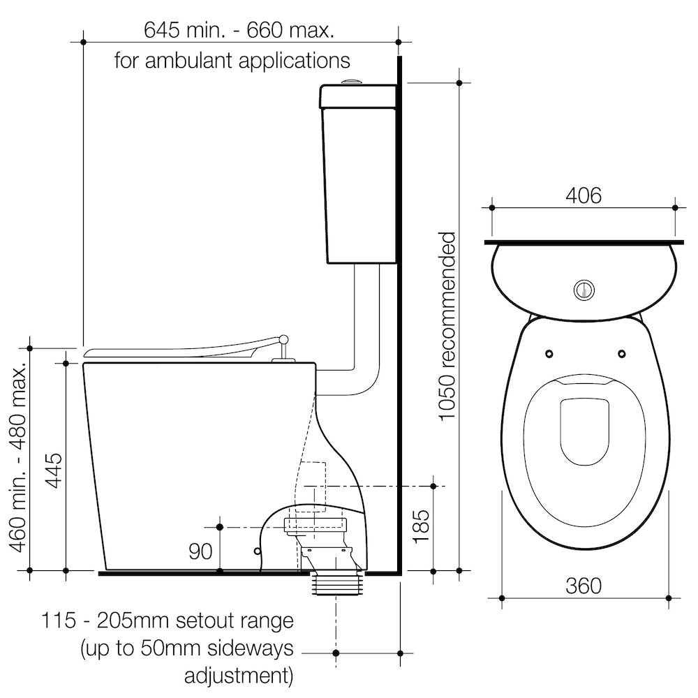 Caroma Care 610 Cleanflush Connector Suite with Caravelle Single Flap Seat specifications