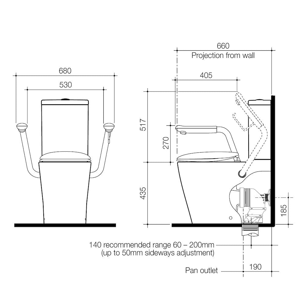 Caroma 660 Cleanflush WFCC Easy Height Suite with Armrests and double Flap Seat specifications