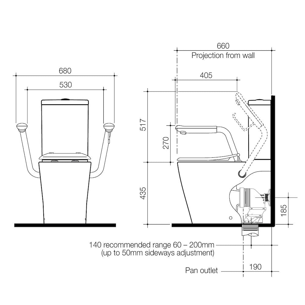 Caroma Care 660 Cleanflush WFCC Easy Height Suite with Armrests and single Flap Seat specifications