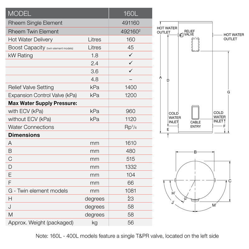 Rheem 160L Electric Storage Water Heater Specification
