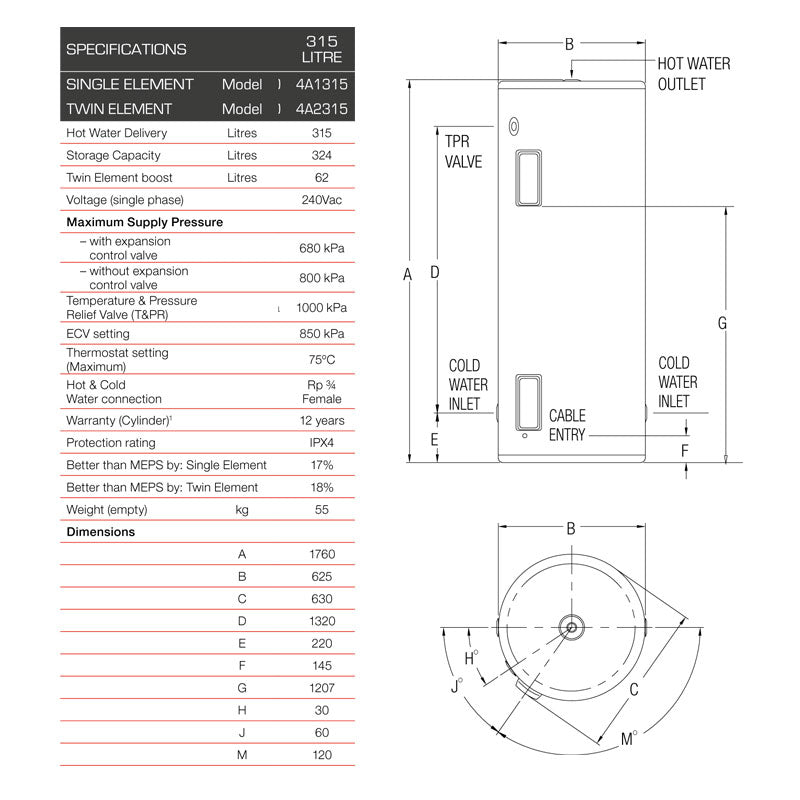 Rheem 315L Stellar SS Twin Electric Storage Water Heater Specification