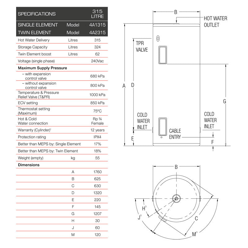 Rheem 315L Stellar SS Electric Storage Water Heater Specification