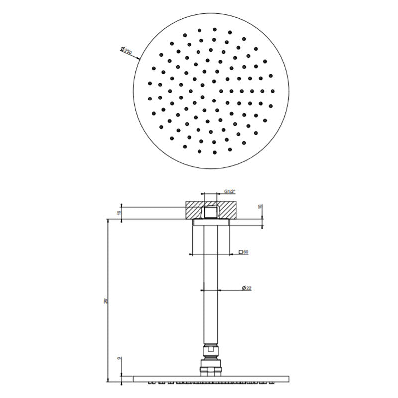 Rilievo Ceiling Mounted Round Showerhead - Specification