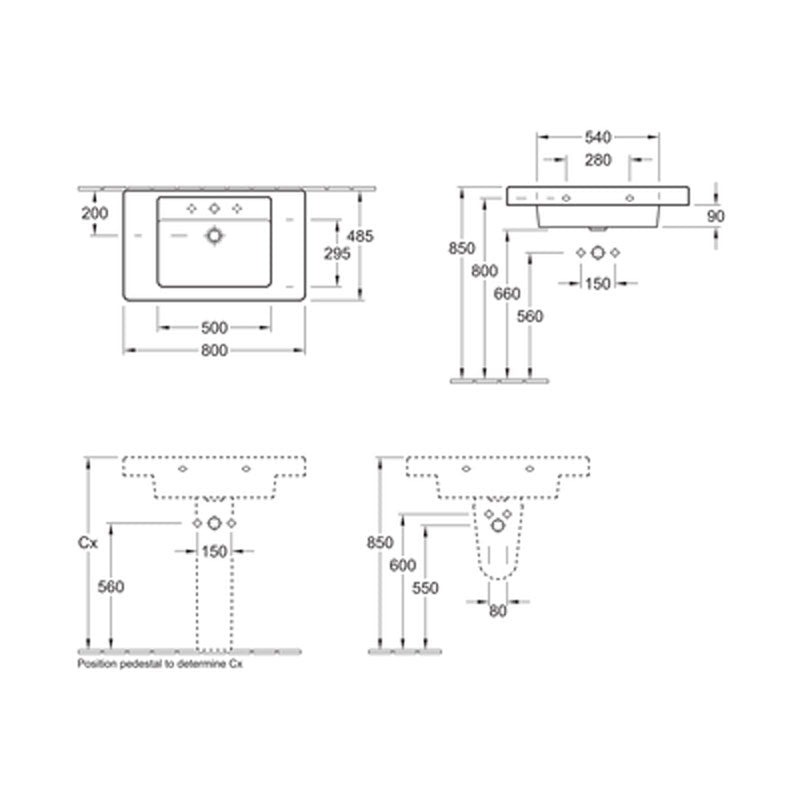 Villeroy & Boch Architectura Single Vanity Basin 800-3 Tap Hole specifications
