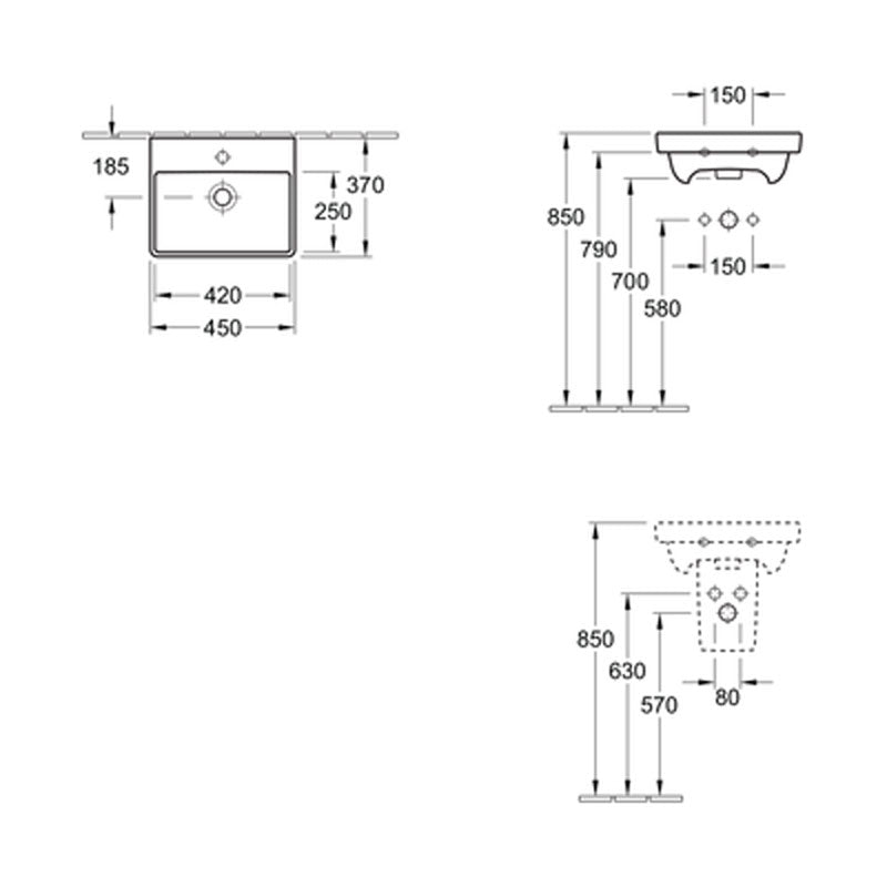 Villeroy & Boch Avento 450 Hand Wash Basin 1 Tap Hole specifications
