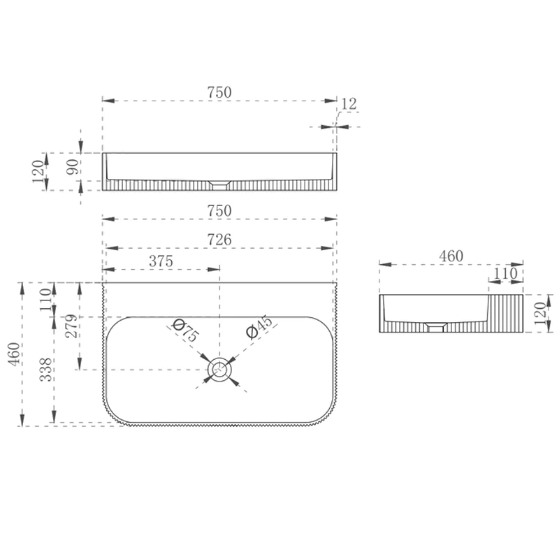 Cassa Design V-Groove 750mm Wall Hung Basin - Gloss White - VG7546