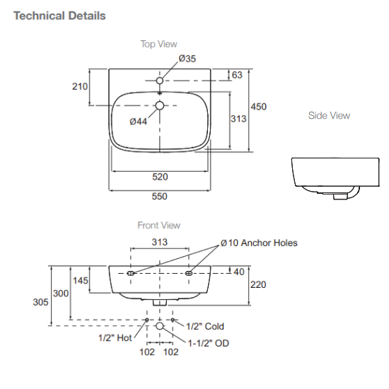 Kohler ModernLife Wall Hung Basin 1 Tap hole - White 77767K-1-0