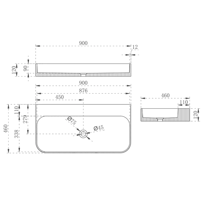 Cassa Design V-Groove 900mm Wall Hung Basin - Gloss White - VG9046