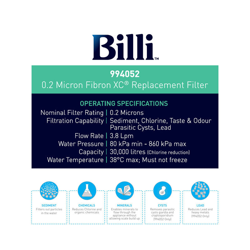 Billi 994052 Replacement Water Filter 0.2 Micron Fibron XC® Specification