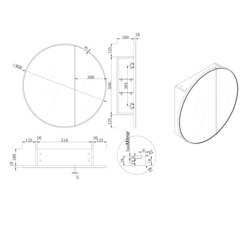 Cassa Design Auris 800mm Matte White Round Shaving Cabinet