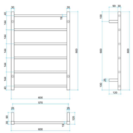 Thermorail 240V Square 600 Heated Towel Ladder - BS48MB Matte Black