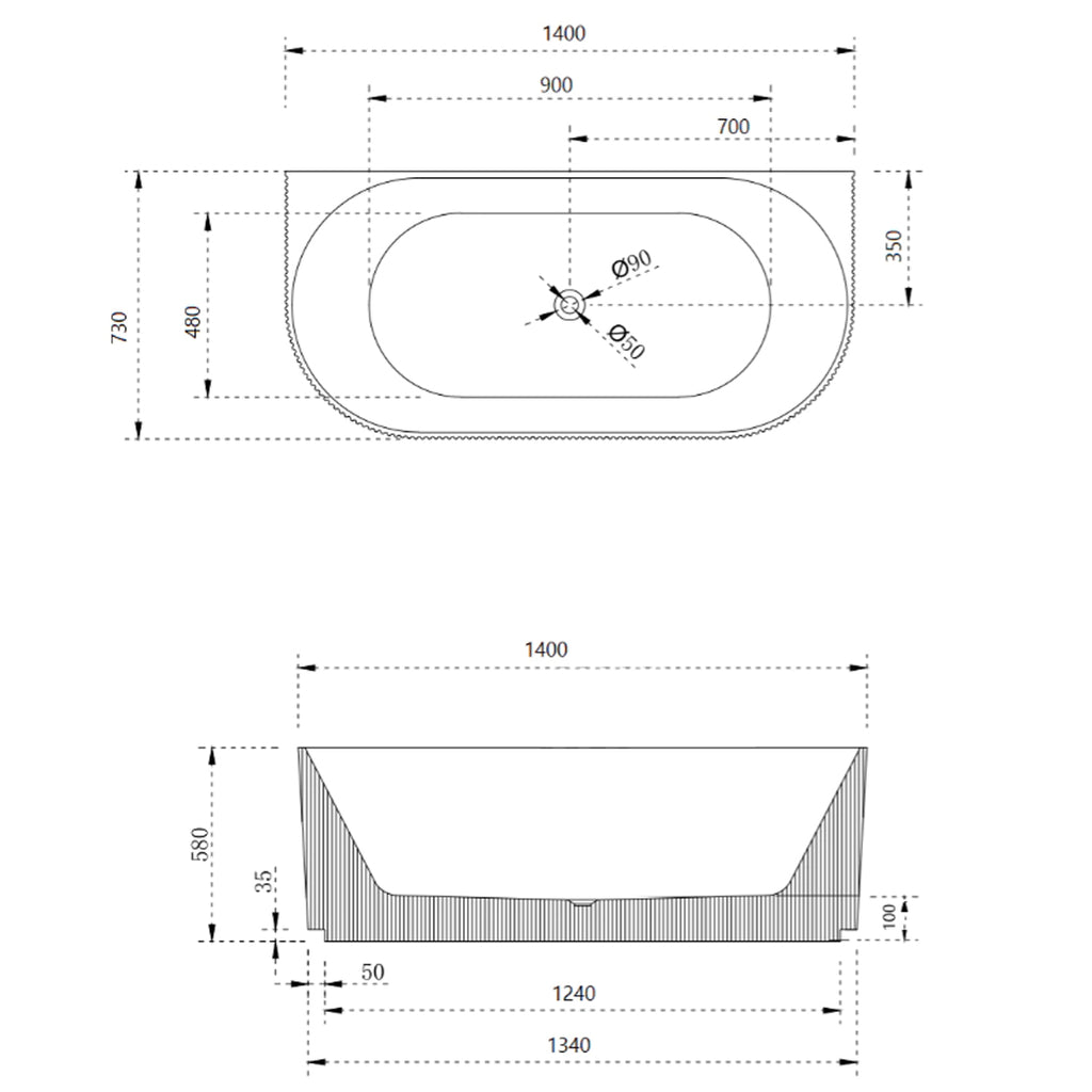 Cassa Design V-Groove 1400mm Acrylic Back to Wall Bath Includes Overflow - Matte White - BT-VG1400BTW