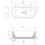 Cassa Design V-Groove 1400mm Acrylic Back to Wall Bath Includes Overflow - Matte White - BT-VG1400BTW
