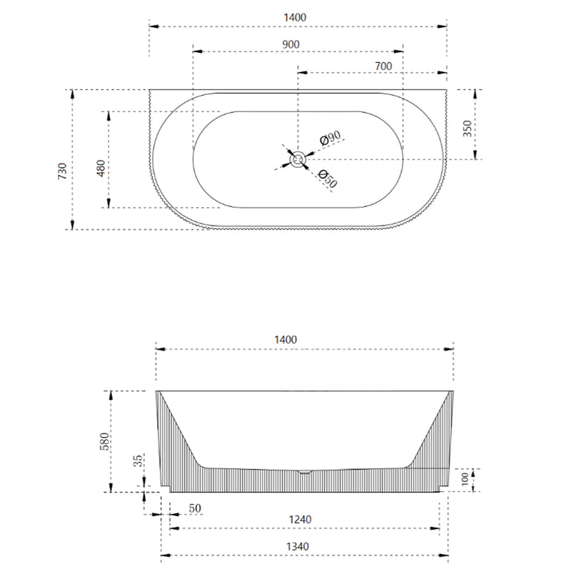 Cassa Design V-Groove 1400mm Acrylic Back to Wall Bath Includes Overflow - Matte White