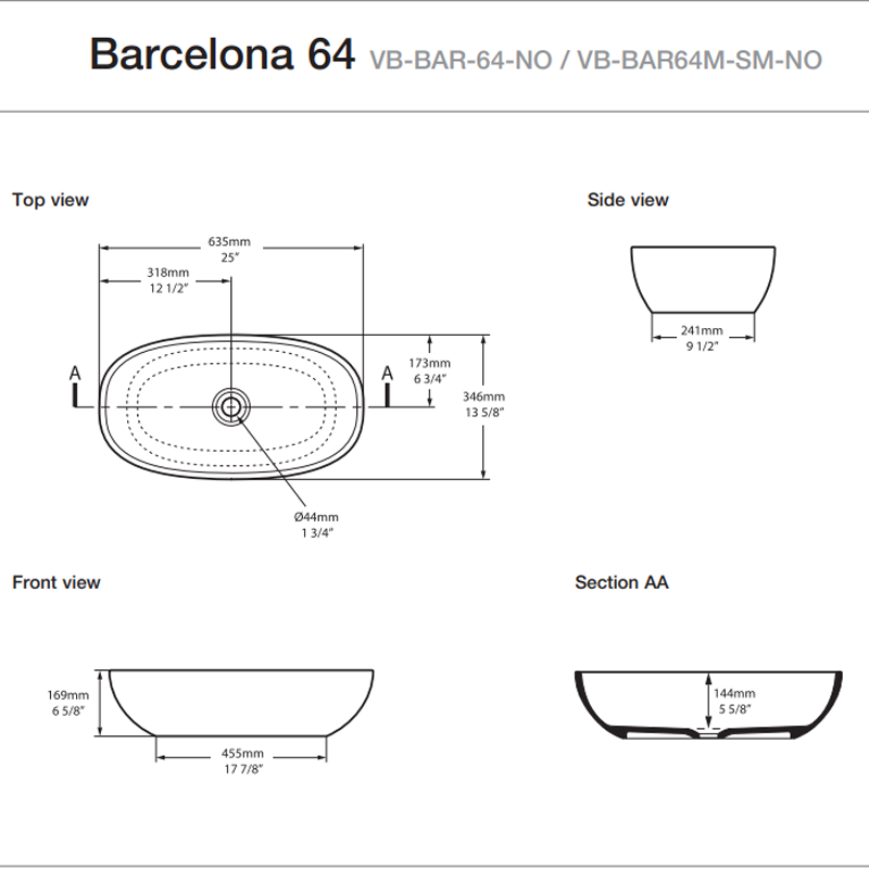 Victoria + Albert Barcelona 64 Above Counter Basin - Gloss White - VB-BAR-64-NO